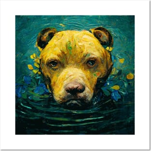 Pitbull dog in water van Gogh art Posters and Art